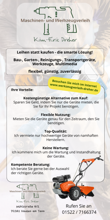 Flyer mit Informationen zu Dienstleistungen und Kontaktmöglichkeiten für einen Verleih von Maschinen, Werkzeugen und sonstigen Geräten