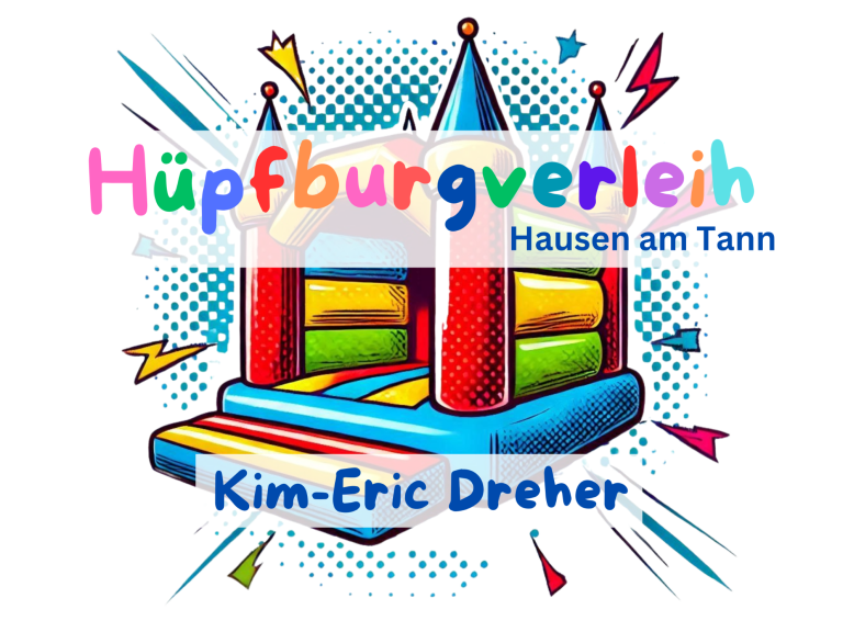 Bunte Hüpfburg mit bunten Türmen und buntem Hintergrund für einen Verleih.