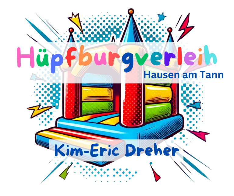 Bunte Hüpfburg mit dem Schriftzug „Hüpfburgverleih“ und Kontaktinformationen.