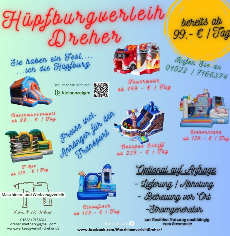 Buntes Werbeplakat für Hüpfburgenverleih mit verschiedenen Modelle und Preisen.