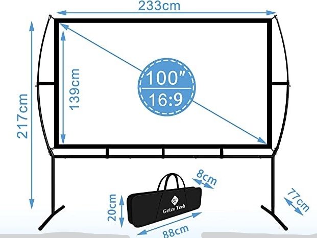 Maßzeichnung eines tragbaren Projektionsleinwand-Setups mit Abmessungen und Tragetasche.